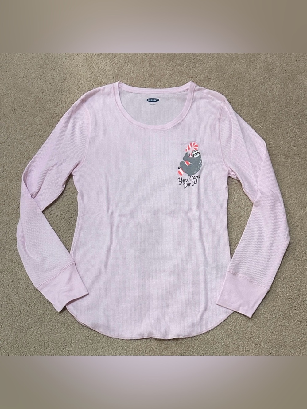 Old Navy Light Pink Long Sleeve Thermal Tee with Holiday Sloth Christmas Pajamas